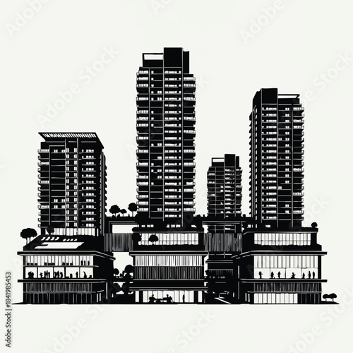 Black and white silhouette of modern high-rise buildings and urban architecture.