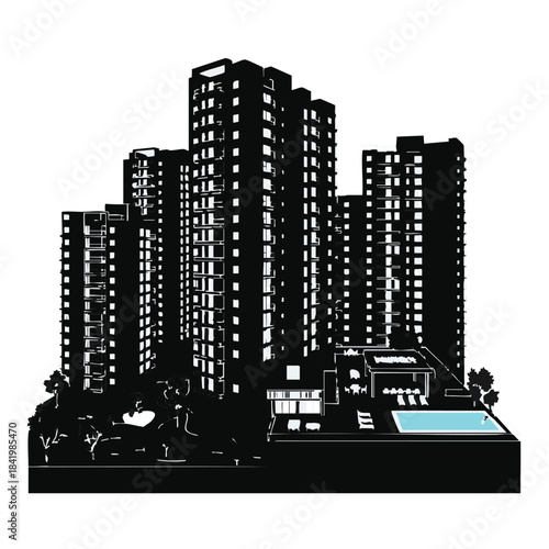 Silhouette of modern high-rise residential buildings with swimming pool and trees.