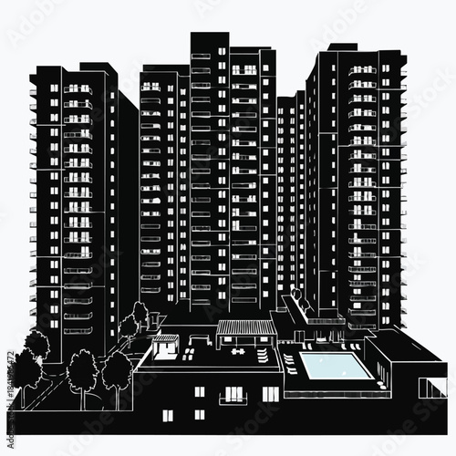 Nighttime view of modern residential apartment buildings with illuminated windows and outdoor pool area.