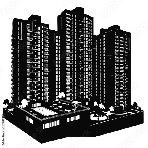 Black and white silhouette of modern high-rise residential buildings with surrounding trees and rooftop structures.