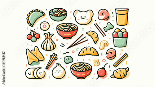 Cute Asian Food and Dumpling Icons Set in Hand Drawn Style beauty