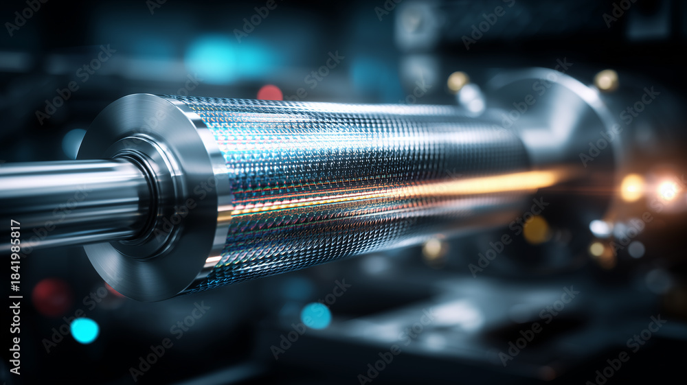 Naklejka premium A metallic industrial roller in motion illustrating advanced manufacturing processes and high precision production technology. 