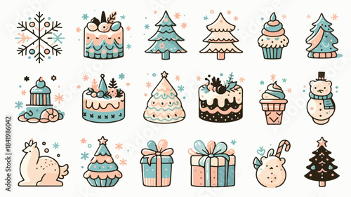Cute Christmas Icons Collection with Trees, Cakes, Gifts and Snowman