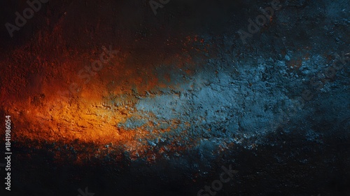 Intense horizontal composition featuring glowing orange and cool blue textured surfaces against a dark background