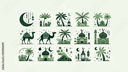Islamic Ramadan Icons with Mosques, Camels, Palm Trees and Crescent Moon in Green Tones