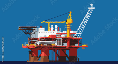 A detailed vector illustration showcases a complex offshore oil drilling platform, highlighting its industrial equipment for marine energy extraction.