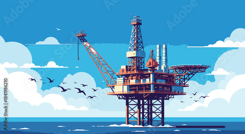 A robust offshore oil drilling platform stands tall amidst the vast blue ocean, symbolizing global energy production and industrial development under a clear sky.