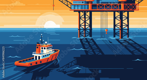 An offshore oil rig stands tall over the vast ocean as a supply boat navigates the water under a dramatic sunset sky, illustrating global energy production.