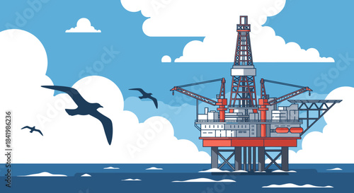 A modern offshore oil drilling platform operates in the expansive blue ocean under a bright, cloudy sky, with seagulls flying, illustrating global energy extraction and industry.