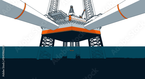 An imposing offshore oil rig stands tall above the deep blue ocean, representing global energy production and industrial might in a clean, graphic style.