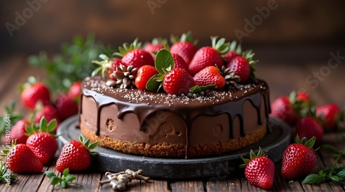 A decadent slice of rich chocolate cake topped with fresh strawberries, glowing under soft golden light