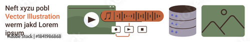 Multimedia, technology, audio management, video streaming, data storage, digital gallery. Icons of a video player, audio waveform database storage and image display. Multimedia and technology