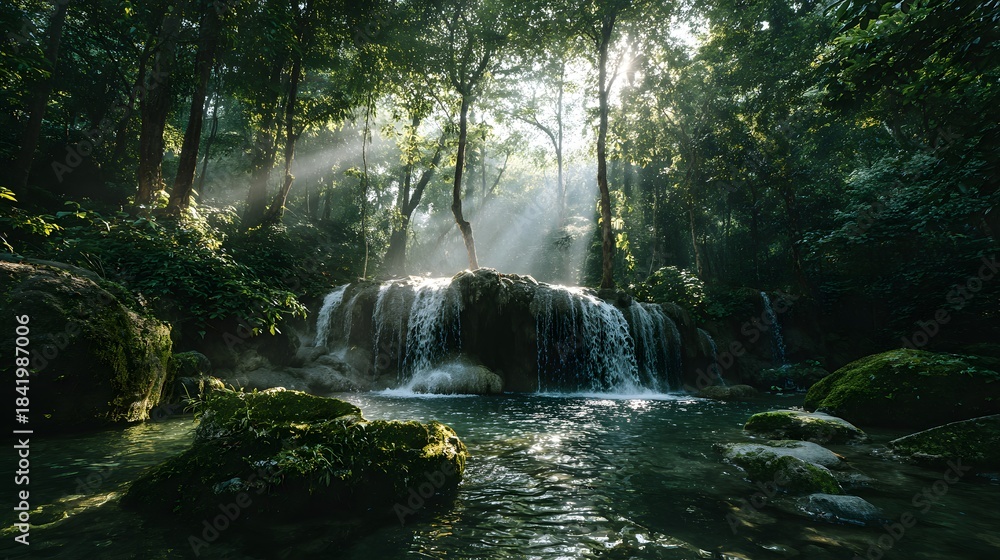 Fototapeta premium Sunlight beams illuminate a cascade flowing into a clear pool surrounded by dense foliage.