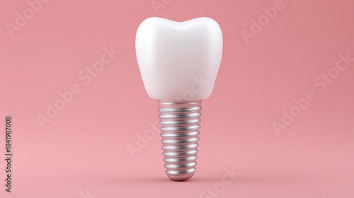 A dental implant resembling a tooth, featuring a shiny silver screw base, set against a soft pink background.