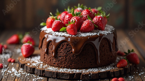 A decadent slice of rich chocolate cake topped with fresh strawberries, glowing under soft golden light