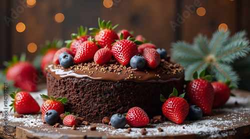 A decadent slice of rich chocolate cake topped with fresh strawberries, glowing under soft golden light