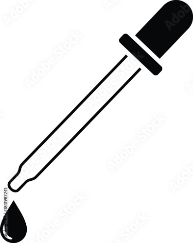 A black silhouette icon of a medical or laboratory dropper (pipette) dispensing a single liquid drop, symbolizing measurement, chemistry, analysis, and pharmaceutical dosage.