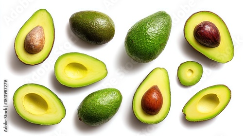 Overhead shot of assorted green avocados, some halved, on white background