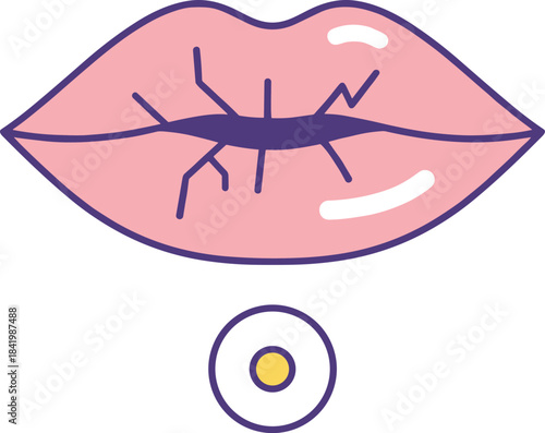 Illustration of dry, chapped, or cracked lips with a central fissure, accompanied by a small sore, symbolizing dehydration, fever blisters, and dermatological lip care issues.