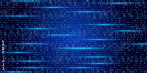 Blue Binary Data Software Programming Code Background. Random Parts of Program Code. Digital Data Technology Concept. 1 0 Machine Code. Random Binary Data Matrix Wide Vector Illustration.