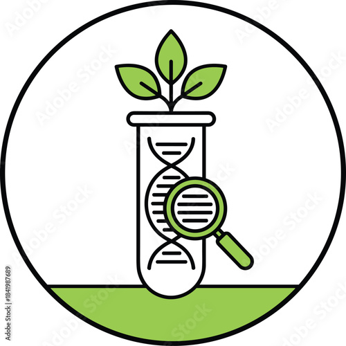A vibrant icon symbolizing biotechnology, genetic research, and plant science, featuring a DNA helix in a test tube with leaves and a magnifying glass for analysis.