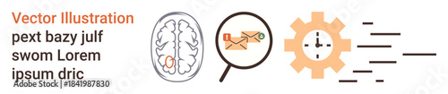 Communication security, cognitive functions, data processing, information flow, digital analysis, technology. Brain, magnifying glass over email gear data lines. Communication security