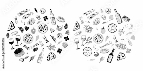 A charming sketch of various italian foods and drinks in a circular design