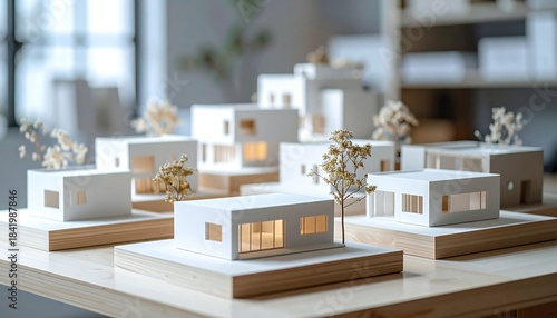 複数の住宅模型が並ぶ明るい建築工作の展示シーン