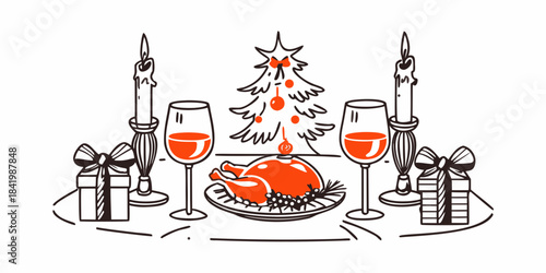 A festive christmas dinner setting with a decorated tree and celebratory drinks