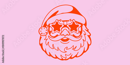 A vibrant red santa claus face with star shaped sunglasses on pink background