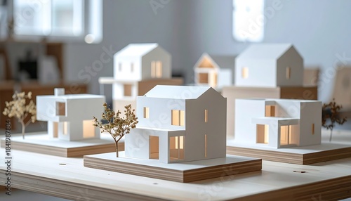 夕陽を受けた住宅模型が街並みとして配置された工作シーン