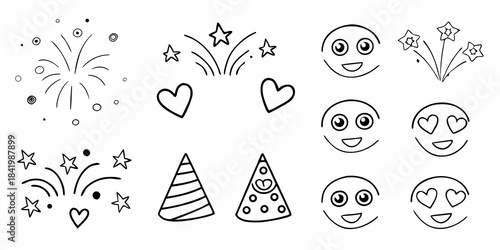 Festive doodles featuring fireworks hearts party hats and cheerful smiling faces
