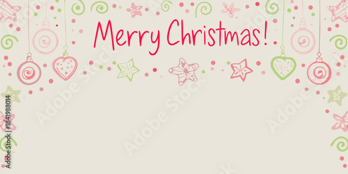 Festive christmas background with hand drawn ornaments and a cheerful greeting