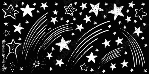 A whimsical black and white illustration of stars and shooting stars