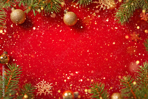 .Holiday banner, red background, gold and red Christmas decorations, and warm glowing bokeh lights. Holiday decorative composition, Christmas, and New Year. Banner