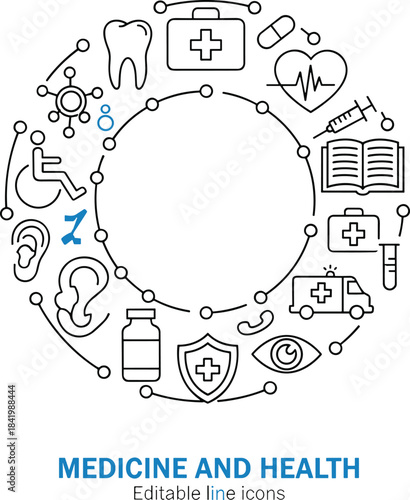 Circular arrangement of medical and healthcare outline icons, symbolizing comprehensive wellness, hospital services, dentistry, emergency response,