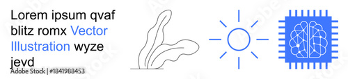 Artificial intelligence, renewable energy, neurotechnology, environmental care, digital innovation, clean energy. Minimalist icons of a plant, sun and AI brain chip. Artificial intelligence