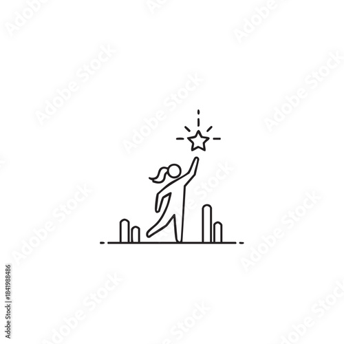 Reaching for the Stars: A minimalist line drawing depicts an individual striving to achieve goals, symbolized by a star, amidst a cityscape backdrop.