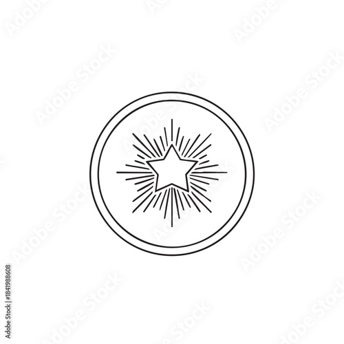 Minimalist circular emblem featuring a central star with radiating lines.