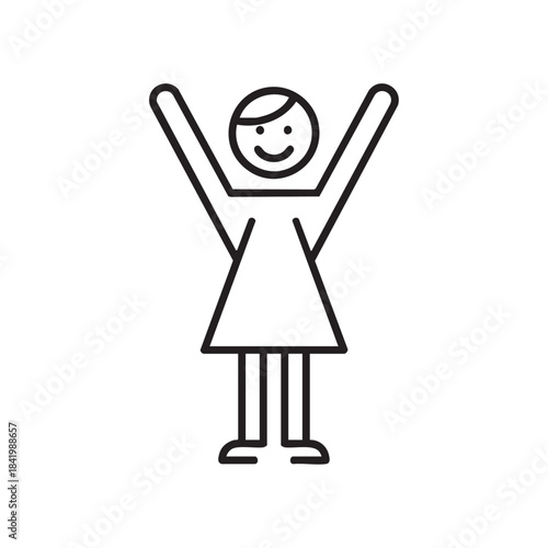 Simple Line Drawing of a Happy Girl with Raised Hands and Smiling Face.