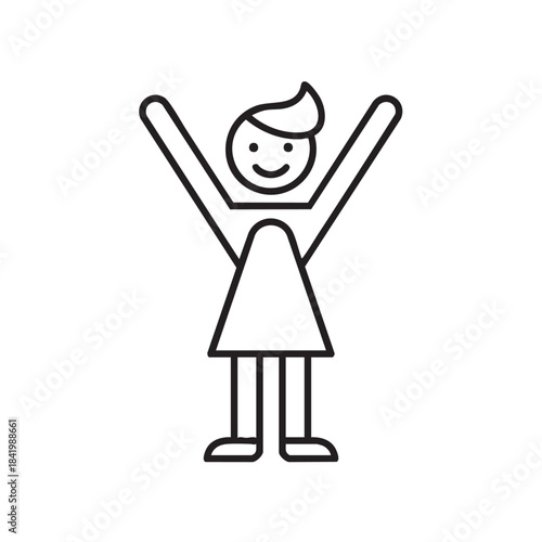 Simple Line Drawing of a Happy Girl with Raised Arms Illustration.