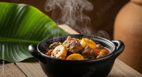 Hearty Central African Kondrè Stew with Beef, Vegetables & Plantains – Black Clay Pot, Plantain Leaf & Mud Granary Background