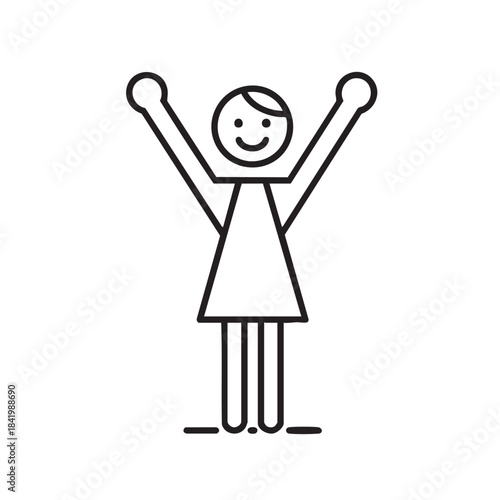 Happy Stick Figure Girl Raising Arms in Joyful Gesture.