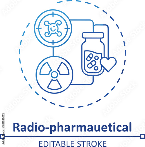 Blue gradient line concept icon for Radiopharmaceuticals, illustrating medical isotopes, radioactive material,