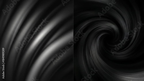 Abstract black and gray divided image with curving shapes on one side, spiral on other