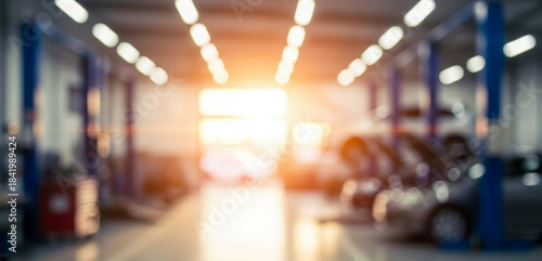 Blurry interior of a brightly lit vehicle repair garage with lifts, showing indistinct shapes and soft highlights that evoke an active yet unfocused industrial workspace.