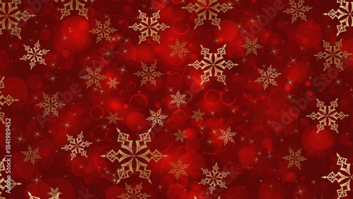 Elegant Red Christmas Background Pattern with Gold Geometric Snowflakes and Glowing Bokeh