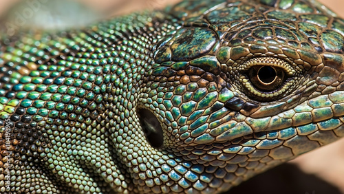 Close-up macro photograph of a lizard's head, showcasing its intricate scales and eye.