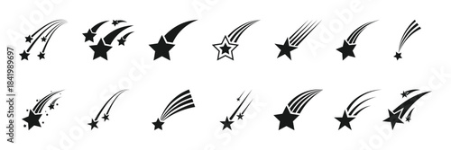 Star fall vector icons. Falling stars. Star sparkles. Starry vector illustration. Falling star icons. Collection of falling star symbol silhouettes. EPS 10