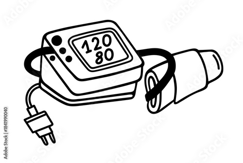 Tonometer vector icon. Electronic equipment for measuring blood pressure. The monitor on the instrument shows the normal reading. Medical device with a display, arm cuff. Hand drawn simple doodle